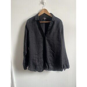 NYDJ Linen Popover Tunic SZ M Black Lagenlook Career Relaxed capsule beach